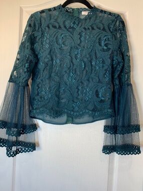 Peach Lace Bell Sleeve Sheer Top Teal Green Size L Romantic Boho Party Blouse